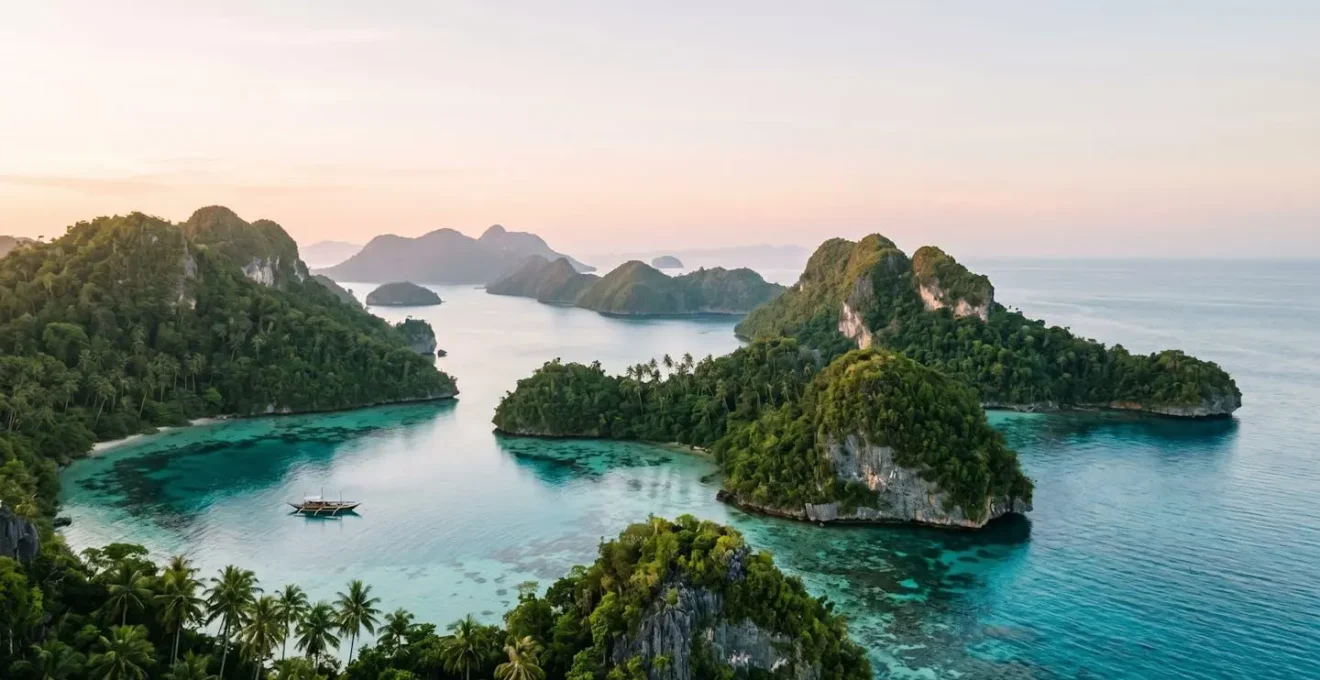 Archipel tropical préservé avec lagons turquoise et îles verdoyantes sous un ciel dégagé
