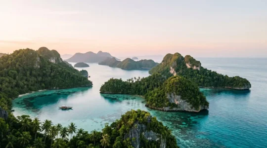 Archipel tropical préservé avec lagons turquoise et îles verdoyantes sous un ciel dégagé