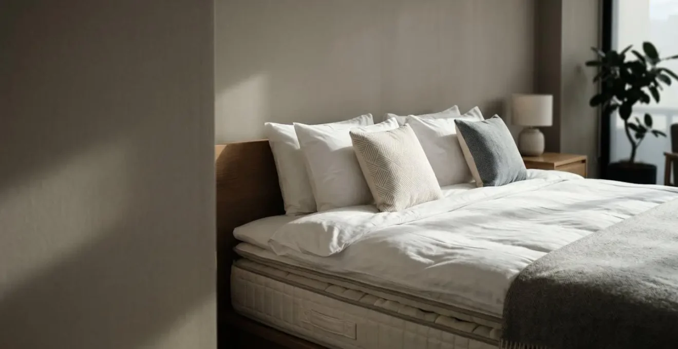 Chambre d'hôtel élégante avec literie premium et lumière naturelle douce évoquant le confort et le bien-être pour les voyageurs souffrant du dos
