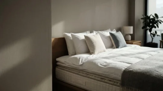 Chambre d'hôtel élégante avec literie premium et lumière naturelle douce évoquant le confort et le bien-être pour les voyageurs souffrant du dos