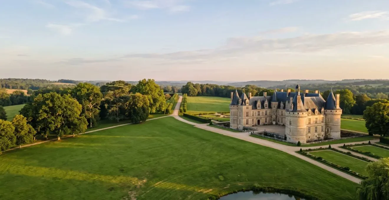 Vue panoramique d'un château français élégant entouré d'un parc verdoyant, évoquant le luxe d'une location de groupe exclusive