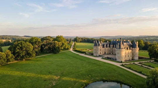 Vue panoramique d'un château français élégant entouré d'un parc verdoyant, évoquant le luxe d'une location de groupe exclusive