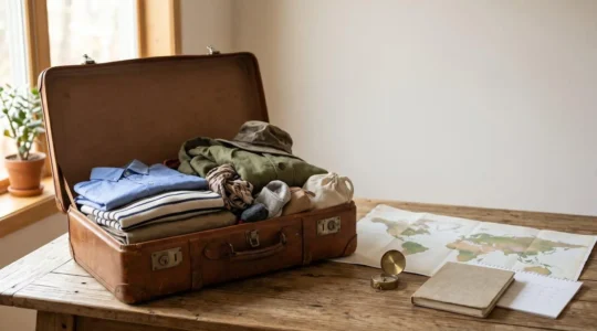 Voyageur contemplant une carte du monde avec une valise, représentant le choix entre voyage organisé et indépendant