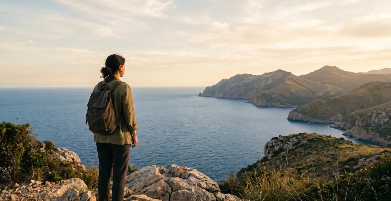 Voyageur contemplant un paysage méditerranéen depuis un point de vue panoramique