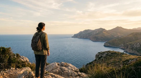 Voyageur contemplant un paysage méditerranéen depuis un point de vue panoramique