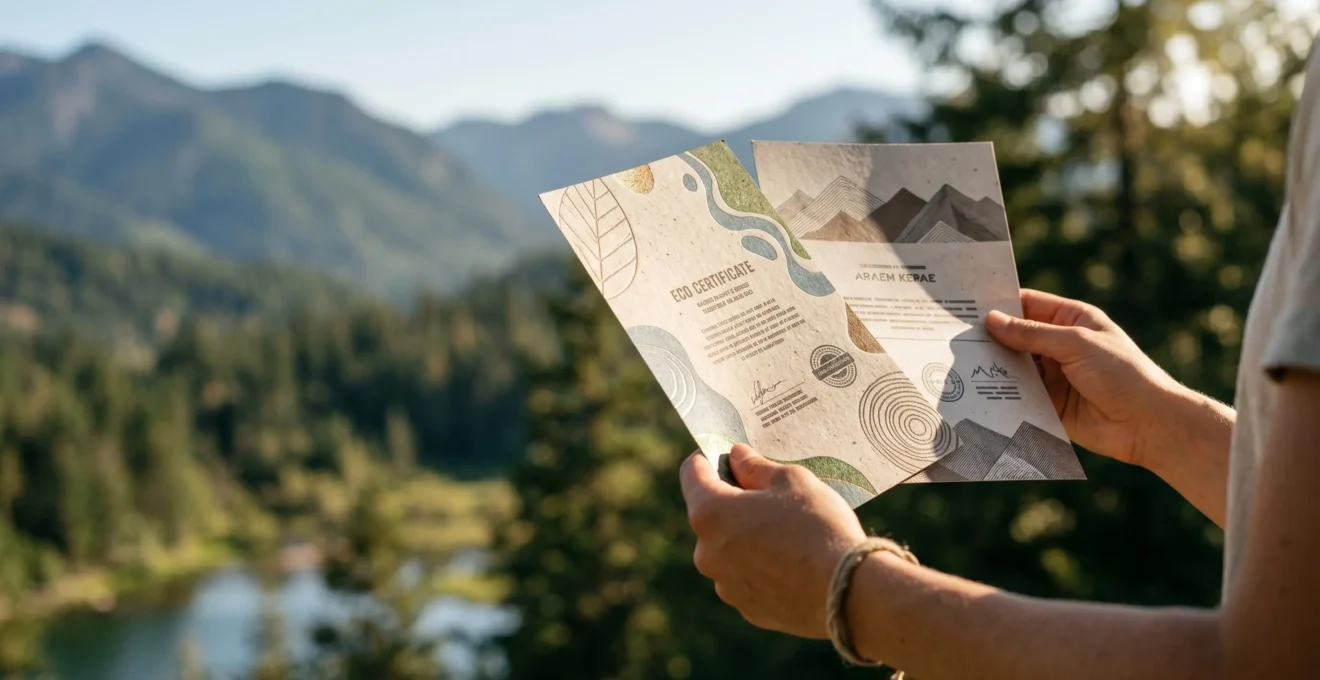 Voyageur scrutant attentivement des documents de certification écotouristique dans un environnement naturel préservé