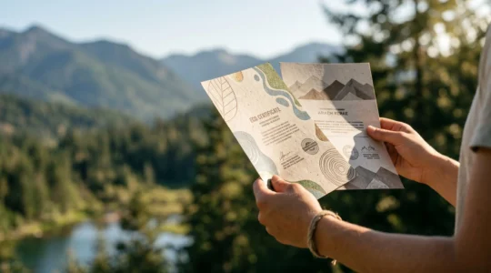 Voyageur scrutant attentivement des documents de certification écotouristique dans un environnement naturel préservé