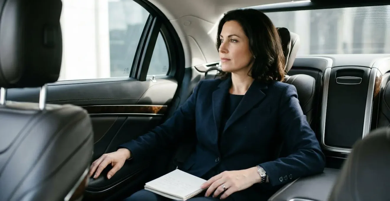 Passager professionnel dans une berline de luxe, atmosphère de discrétion et de raffinement