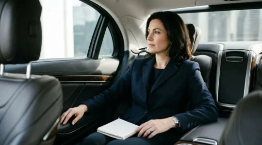 Passager professionnel dans une berline de luxe, atmosphère de discrétion et de raffinement