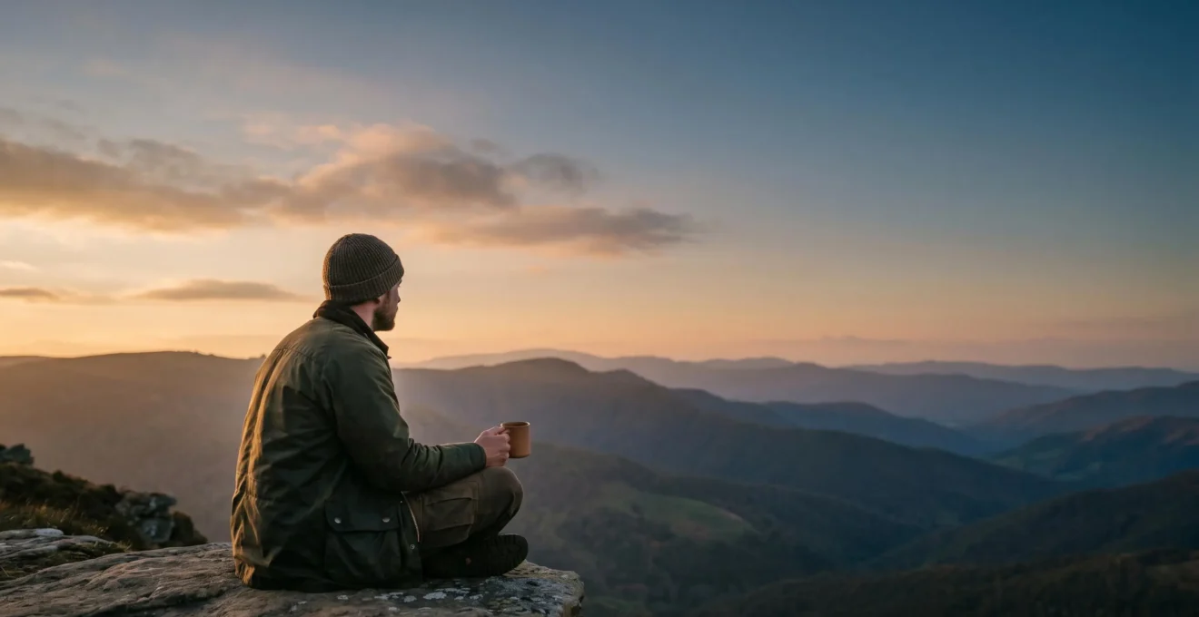 Voyageur en moment de contemplation sereine face à un paysage naturel