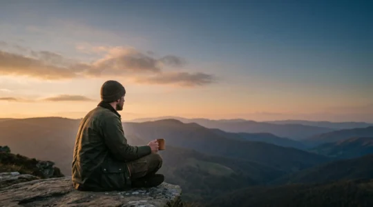 Voyageur en moment de contemplation sereine face à un paysage naturel