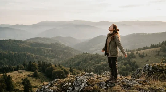 Voyageur en immersion sensorielle dans un environnement naturel authentique