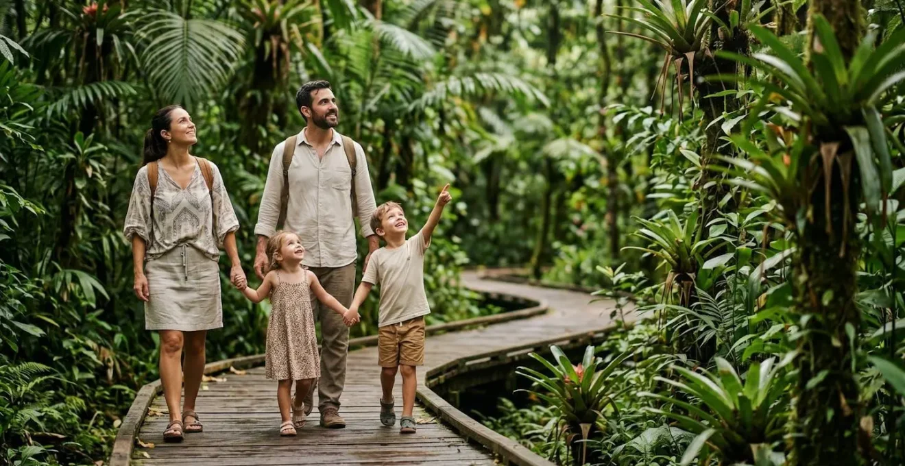 Famille avec jeunes enfants explorant la nature luxuriante du Costa Rica en toute sécurité