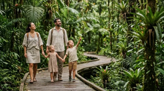 Famille avec jeunes enfants explorant la nature luxuriante du Costa Rica en toute sécurité