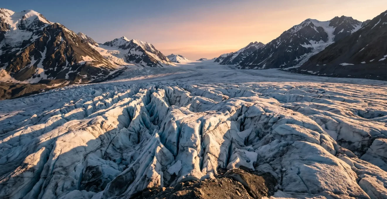 Vue panoramique d'un glacier alpin majestueux sous un ciel changeant, symbolisant la fragilité des glaces face au réchauffement climatique