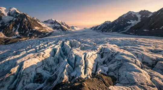 Vue panoramique d'un glacier alpin majestueux sous un ciel changeant, symbolisant la fragilité des glaces face au réchauffement climatique