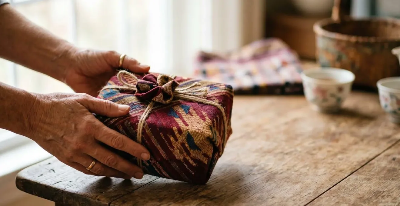 Deux mains offrant un cadeau emballe dans un papier traditionnel avec une attention delicate