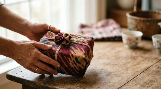 Deux mains offrant un cadeau emballe dans un papier traditionnel avec une attention delicate