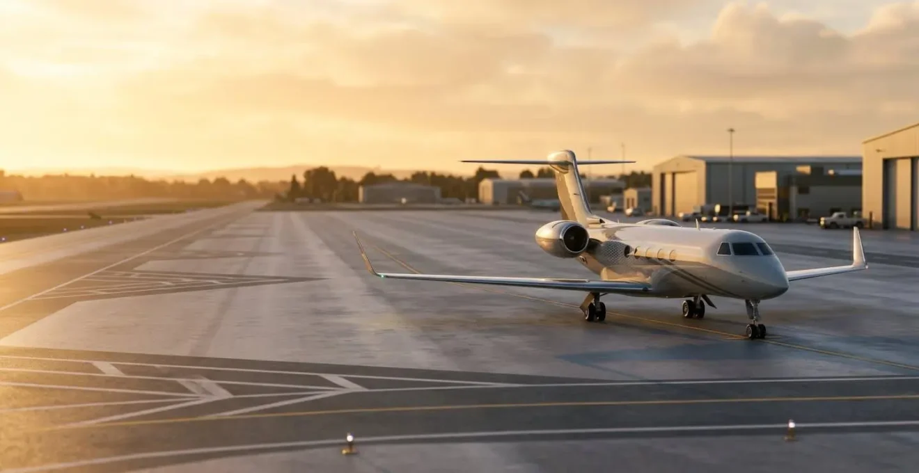 Jet privé moderne sur tarmac illustrant le concept de voyage d'affaires rationnel et rentable