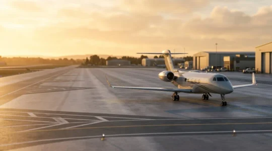 Jet privé moderne sur tarmac illustrant le concept de voyage d'affaires rationnel et rentable