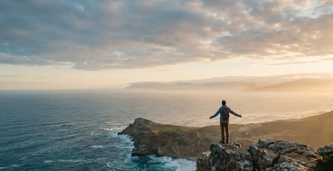 Personne contemplant un horizon naturel apaisant, symbolisant la libération du stress chronique par le voyage