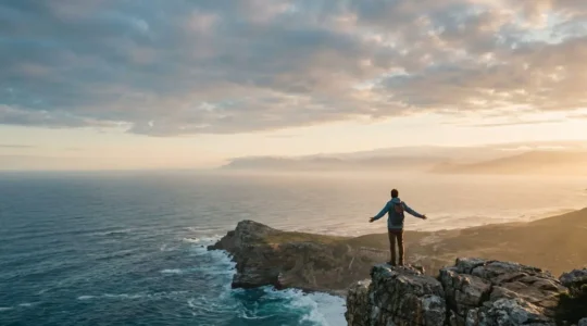 Personne contemplant un horizon naturel apaisant, symbolisant la libération du stress chronique par le voyage