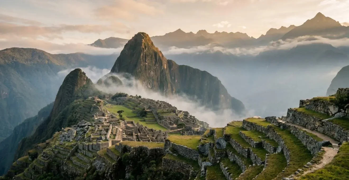 Vue panoramique sereine du Machu Picchu au lever du soleil avec la brume matinale, sans foule