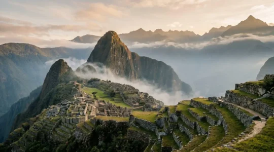 Vue panoramique sereine du Machu Picchu au lever du soleil avec la brume matinale, sans foule