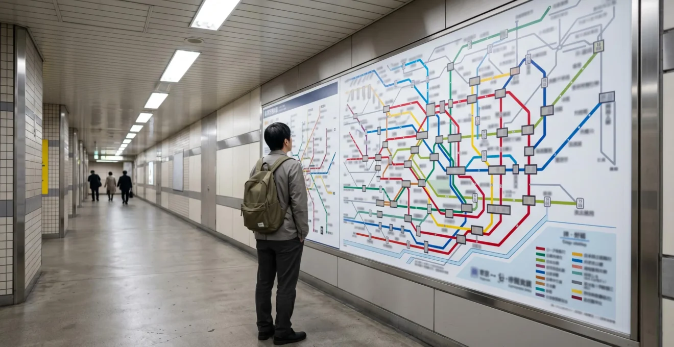Voyageur dans une station de métro de Tokyo avec signalétique multilingue et codes couleur