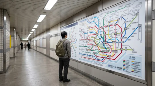 Voyageur dans une station de métro de Tokyo avec signalétique multilingue et codes couleur