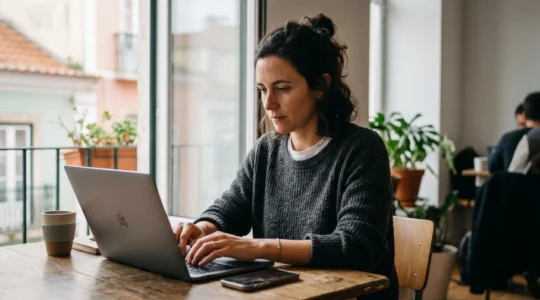 Professionnel nomade travaillant dans un environnement de voyage connecté avec équipements tech