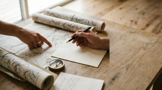 Voyageur collaborant avec un agent de voyage pour concevoir un itinéraire personnalisé