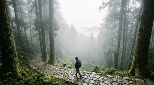 Marcheur solitaire sur chemin de pèlerinage asiatique entouré de forêt brumeuse
