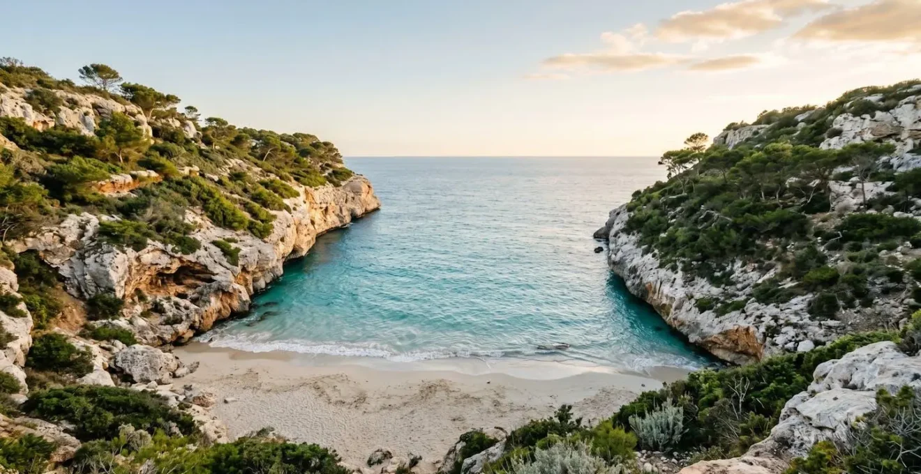 Crique méditerranéenne préservée avec eaux turquoise et falaises calcaires, sans construction visible