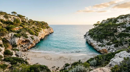 Crique méditerranéenne préservée avec eaux turquoise et falaises calcaires, sans construction visible