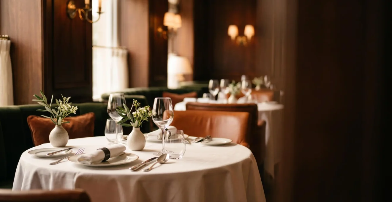 Ambiance raffinée d'un restaurant gastronomique avec table élégamment dressée et éclairage tamisé