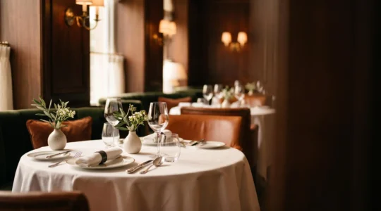 Ambiance raffinée d'un restaurant gastronomique avec table élégamment dressée et éclairage tamisé