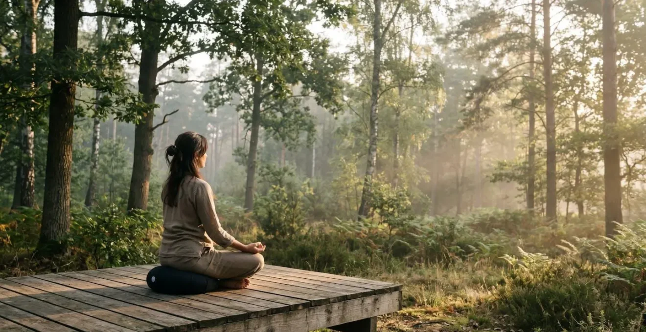 Personne en méditation silencieuse dans un espace naturel apaisant