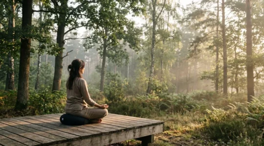 Personne en méditation silencieuse dans un espace naturel apaisant