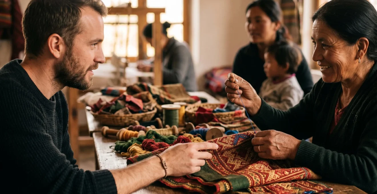 Scène de préparation d'une fête traditionnelle locale avec artisans et habitants en interaction naturelle