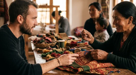 Scène de préparation d'une fête traditionnelle locale avec artisans et habitants en interaction naturelle