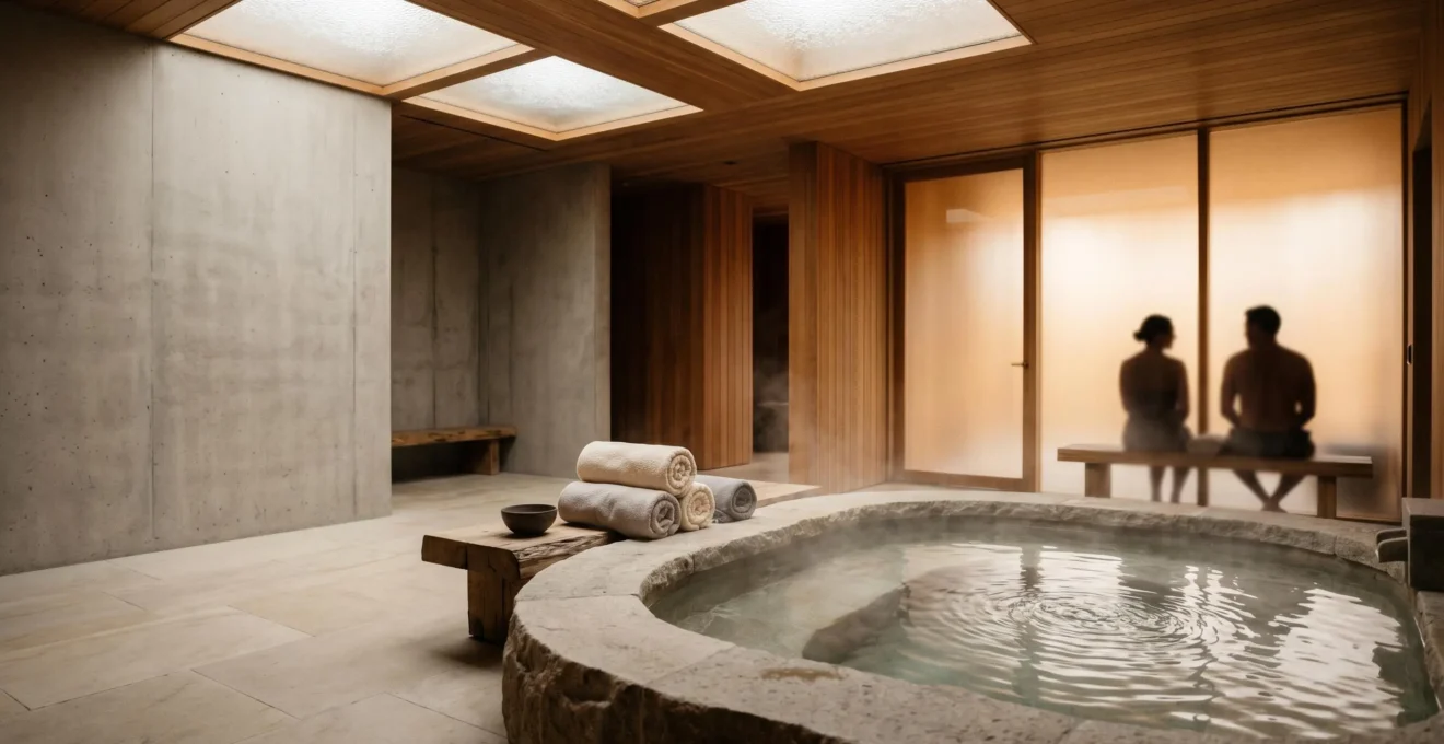 Couple se détendant dans un espace spa privatif luxueux avec jacuzzi et ambiance tamisée