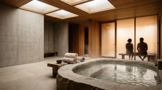Couple se détendant dans un espace spa privatif luxueux avec jacuzzi et ambiance tamisée