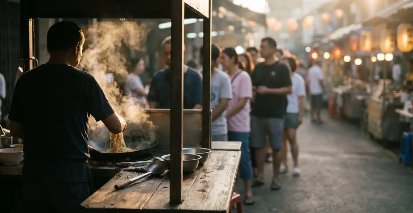 Stand de cuisine de rue animé dans un marché local avec vapeur montante et clients locaux