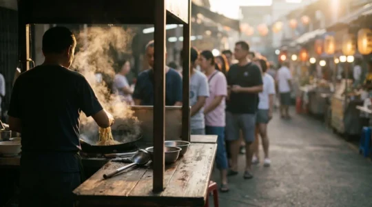 Stand de cuisine de rue animé dans un marché local avec vapeur montante et clients locaux