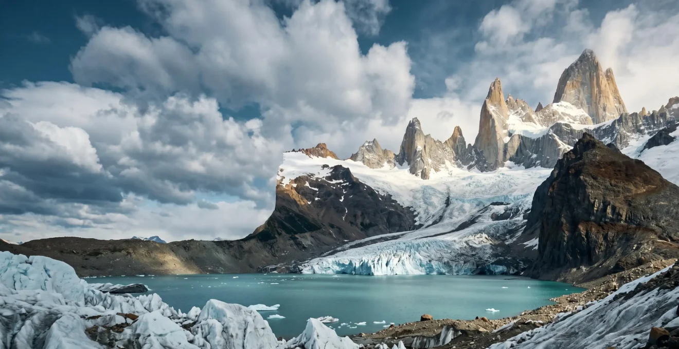Panorama majestueux d'une montagne granitique patagonienne avec glacier au premier plan et ciel dramatique