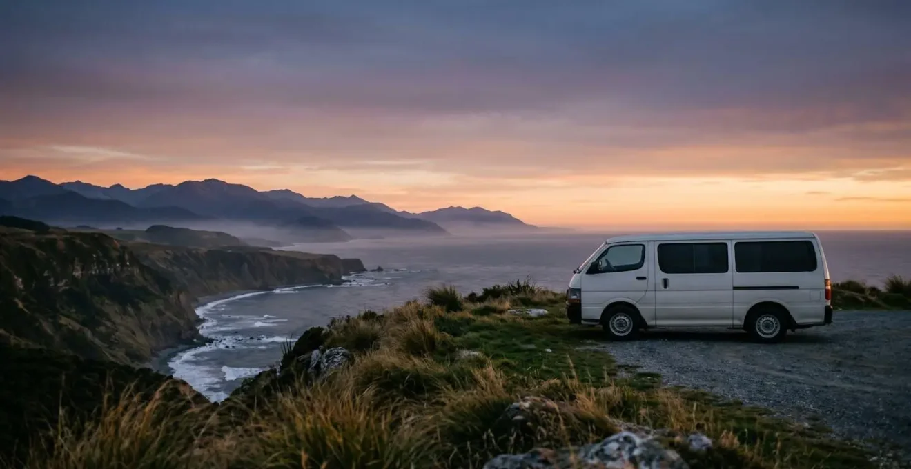 Van aménagé sous un coucher de soleil lors d'un road trip en Nouvelle-Zélande