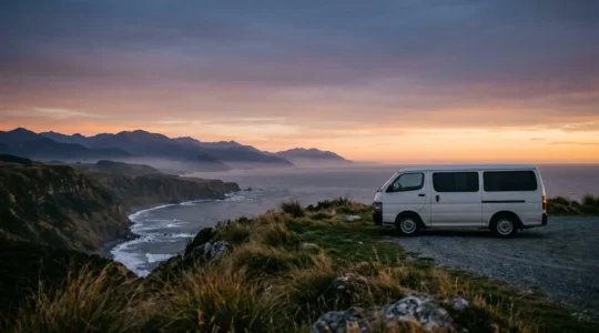 Van aménagé sous un coucher de soleil lors d'un road trip en Nouvelle-Zélande