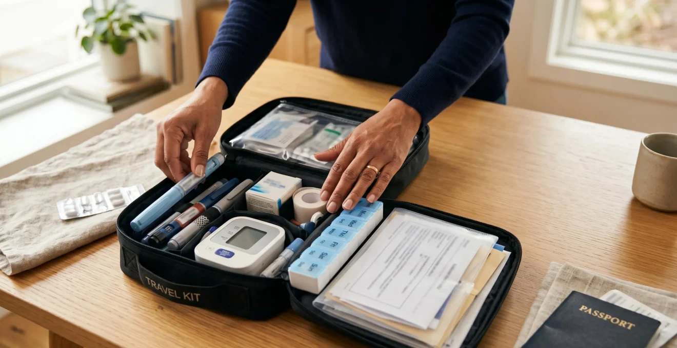 Voyageur préparant méticuleusement son kit médical avec médicaments et dispositifs de surveillance pour un voyage de trois semaines