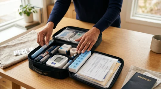 Voyageur préparant méticuleusement son kit médical avec médicaments et dispositifs de surveillance pour un voyage de trois semaines